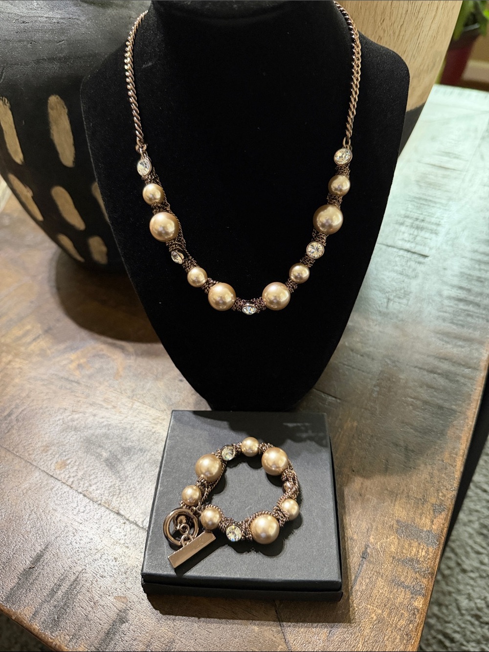 EUC Vintage Givenchy Faux Pearl Crystal Necklace Bracelet Set Rose Gold & Signed